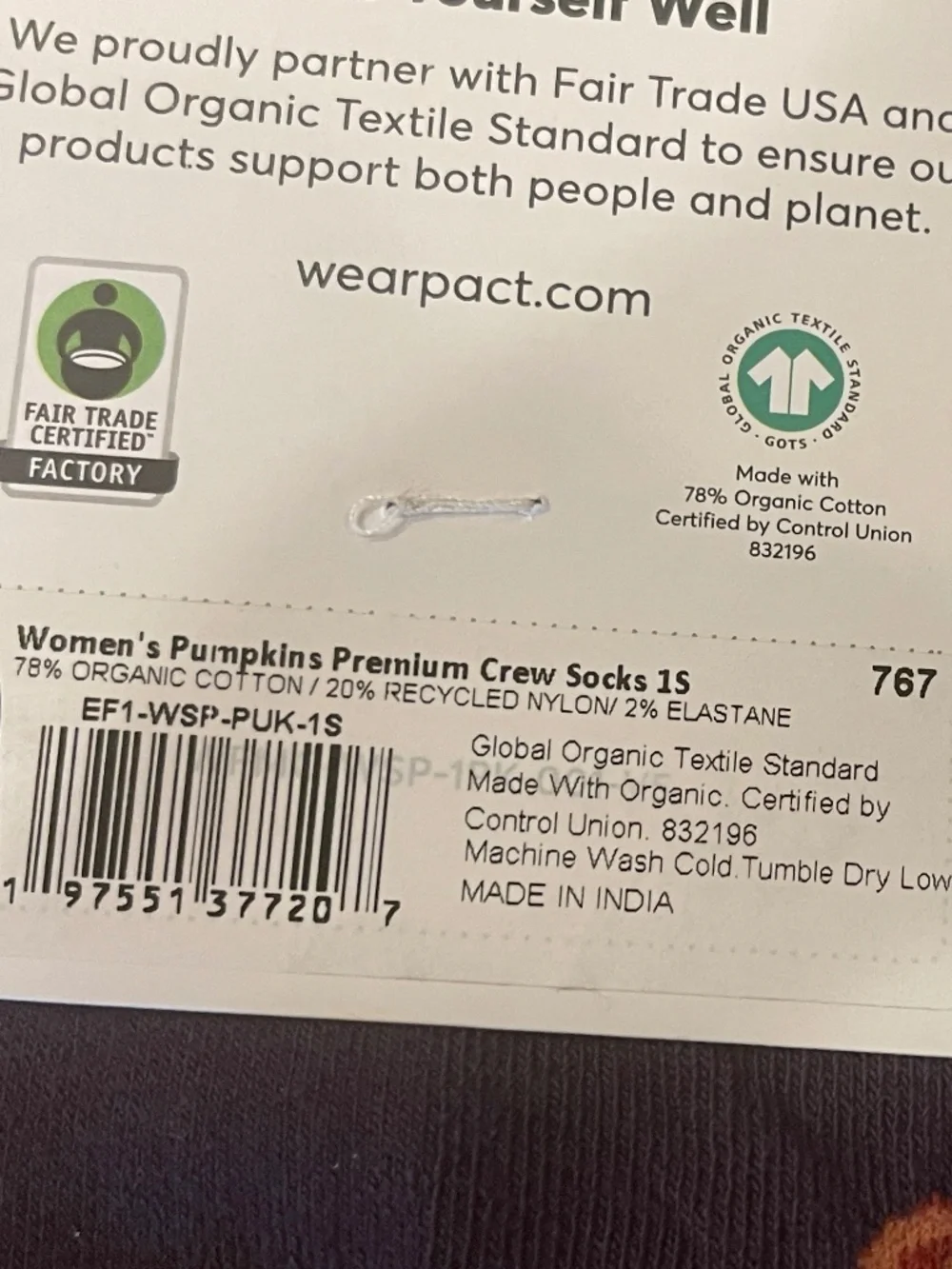 NEW! Pact Pumkins  Premium Crew Socks Two Pair NWT!